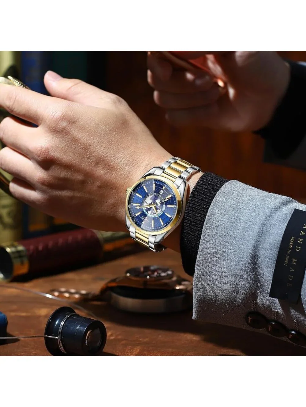 Men's Blue Gold Analog Quartz Stainless Steel Waterproof Casual Wrist Watch